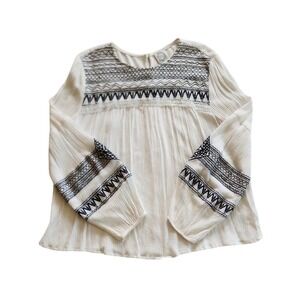 Womens Peasant Blouse Sz L White Embroidered Gauze Bishop Sleeve Boho Festival